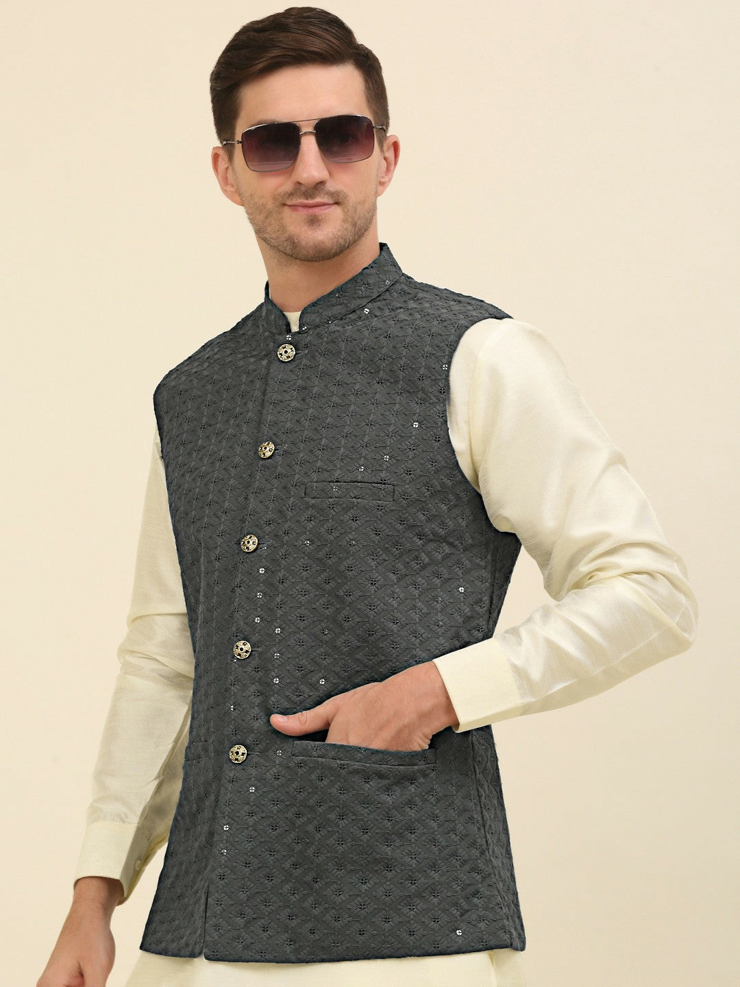 Grey Embroidered Sequinned Nehru Jacket – Stylish & Elegant | Indiaista