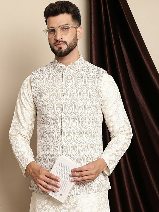 Buy Metalic & White Embroidered Nehru Jacket for Men - Stylish & Elegant | Indiaista