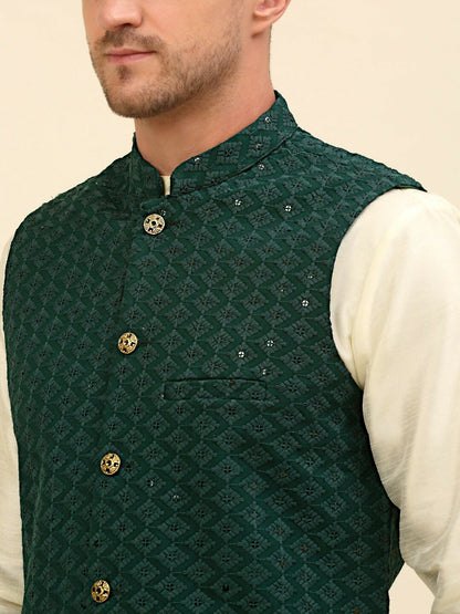 Buy Olive Green Embroidered Nehru Jacket for Men – Stylish & Elegant | Indiaista