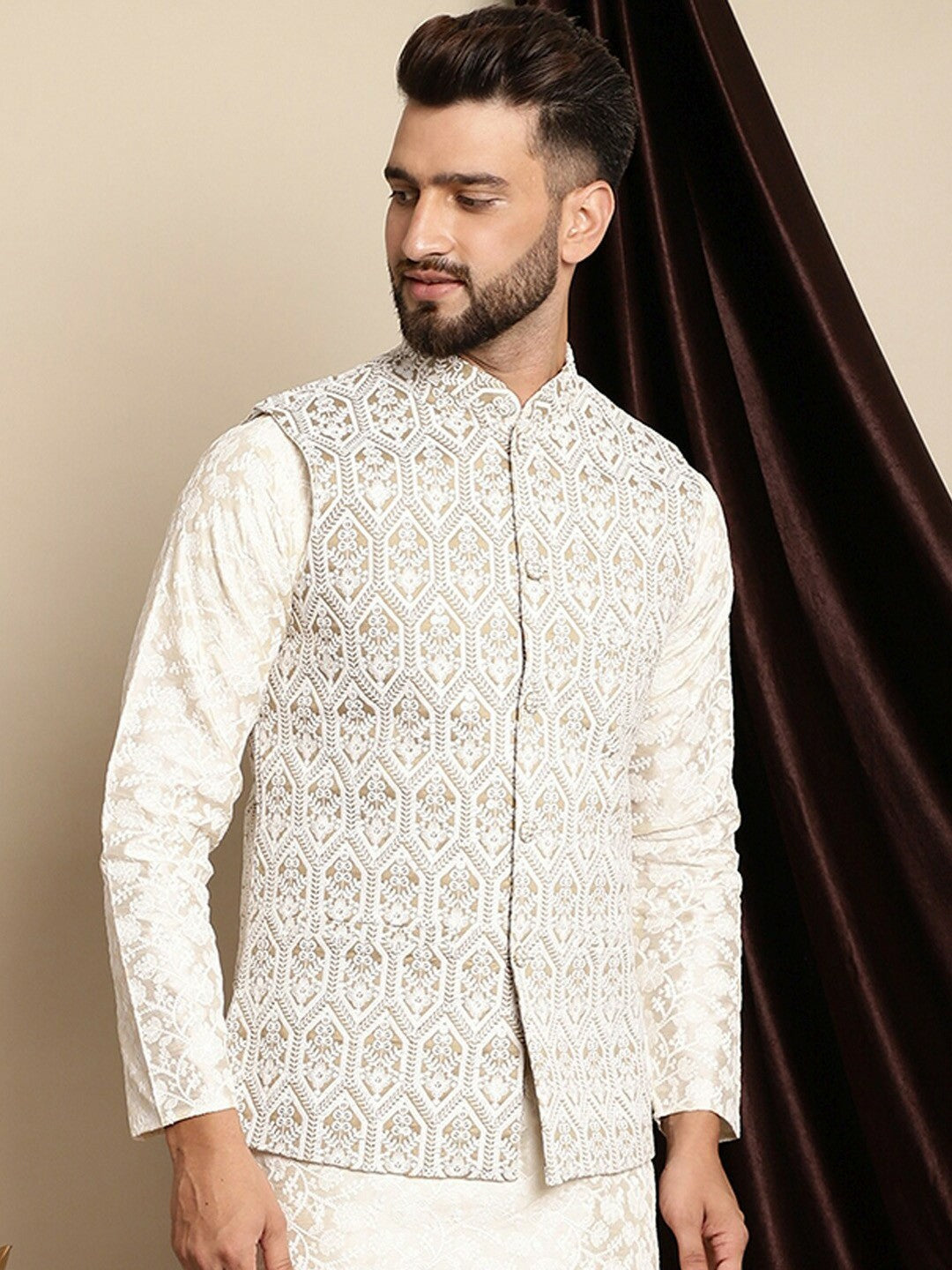 Buy Metalic & White Embroidered Nehru Jacket for Men - Stylish & Elegant | Indiaista