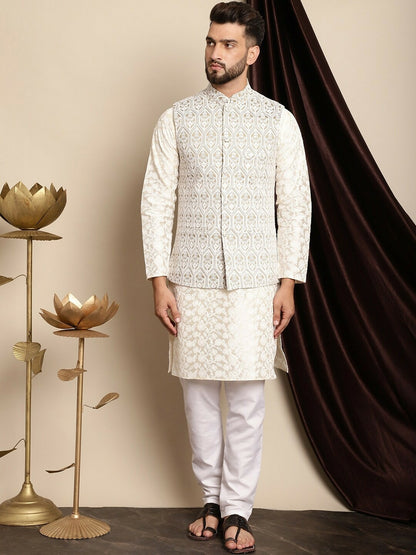 Buy Metalic & White Embroidered Nehru Jacket for Men - Stylish & Elegant | Indiaista