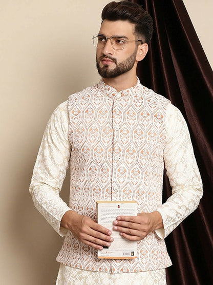 Peach & White Embroidered Nehru Jacket for Men – Stylish Sleeveless Ethnic Wear