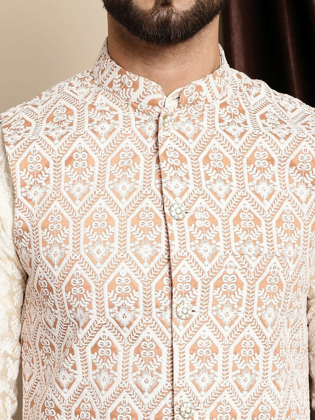 Peach & White Embroidered Nehru Jacket for Men – Stylish Sleeveless Ethnic Wear