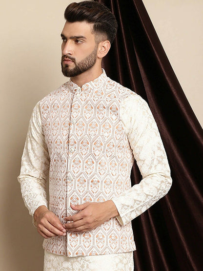 Peach & White Embroidered Nehru Jacket for Men – Stylish Sleeveless Ethnic Wear