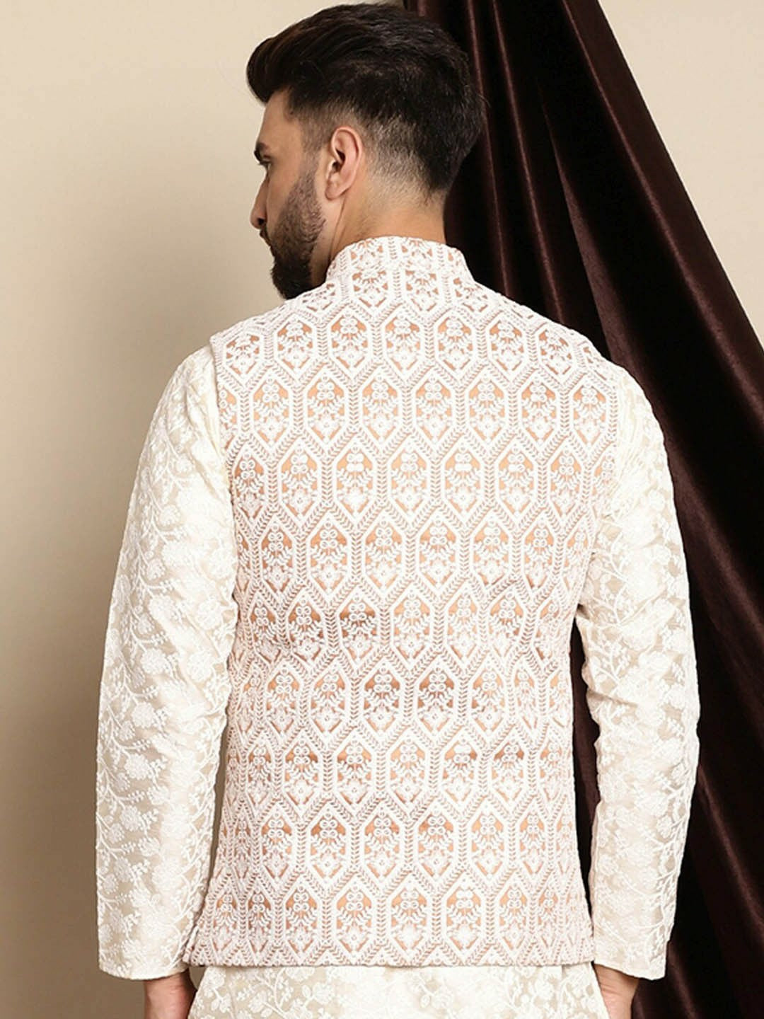 Peach & White Embroidered Nehru Jacket for Men – Stylish Sleeveless Ethnic Wear