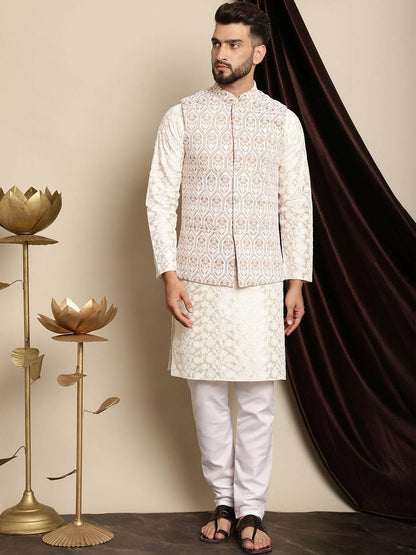 Peach & White Embroidered Nehru Jacket for Men – Stylish Sleeveless Ethnic Wear