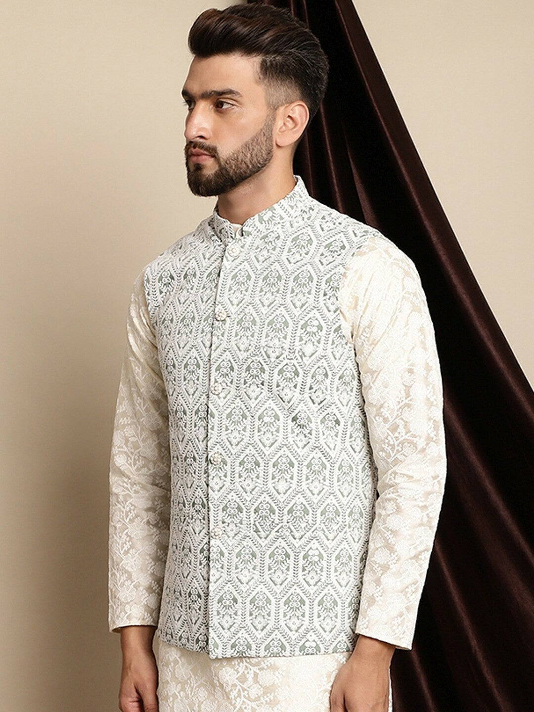 Buy Green & White Embroidered Nehru Jacket for Men – Stylish & Elegant | Indiaista