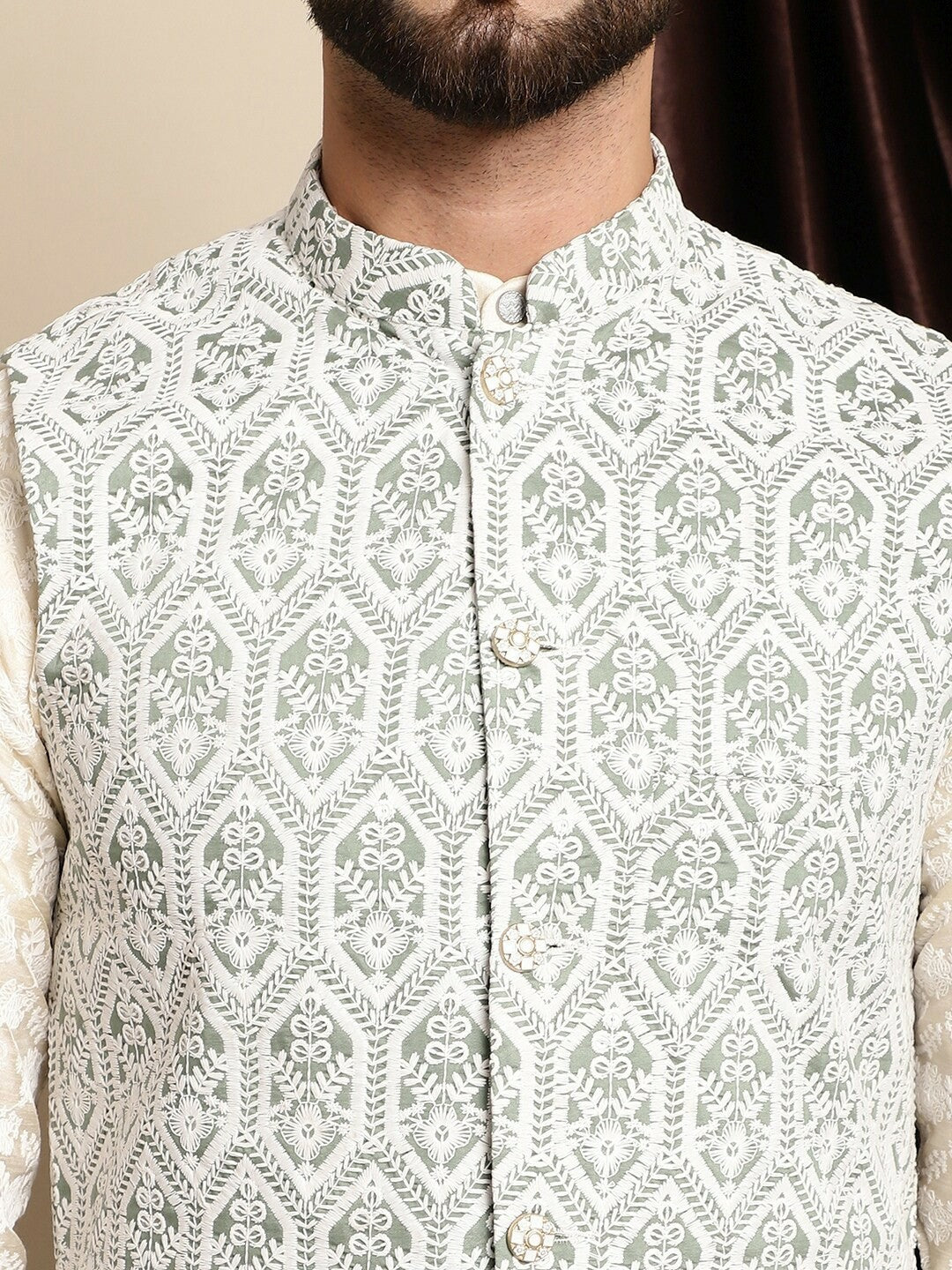 Buy Green & White Embroidered Nehru Jacket for Men – Stylish & Elegant | Indiaista