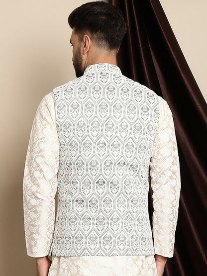 Buy Green & White Embroidered Nehru Jacket for Men – Stylish & Elegant | Indiaista