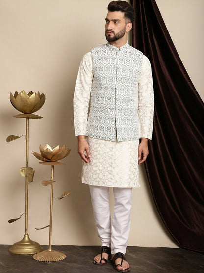 Buy Green & White Embroidered Nehru Jacket for Men – Stylish & Elegant | Indiaista