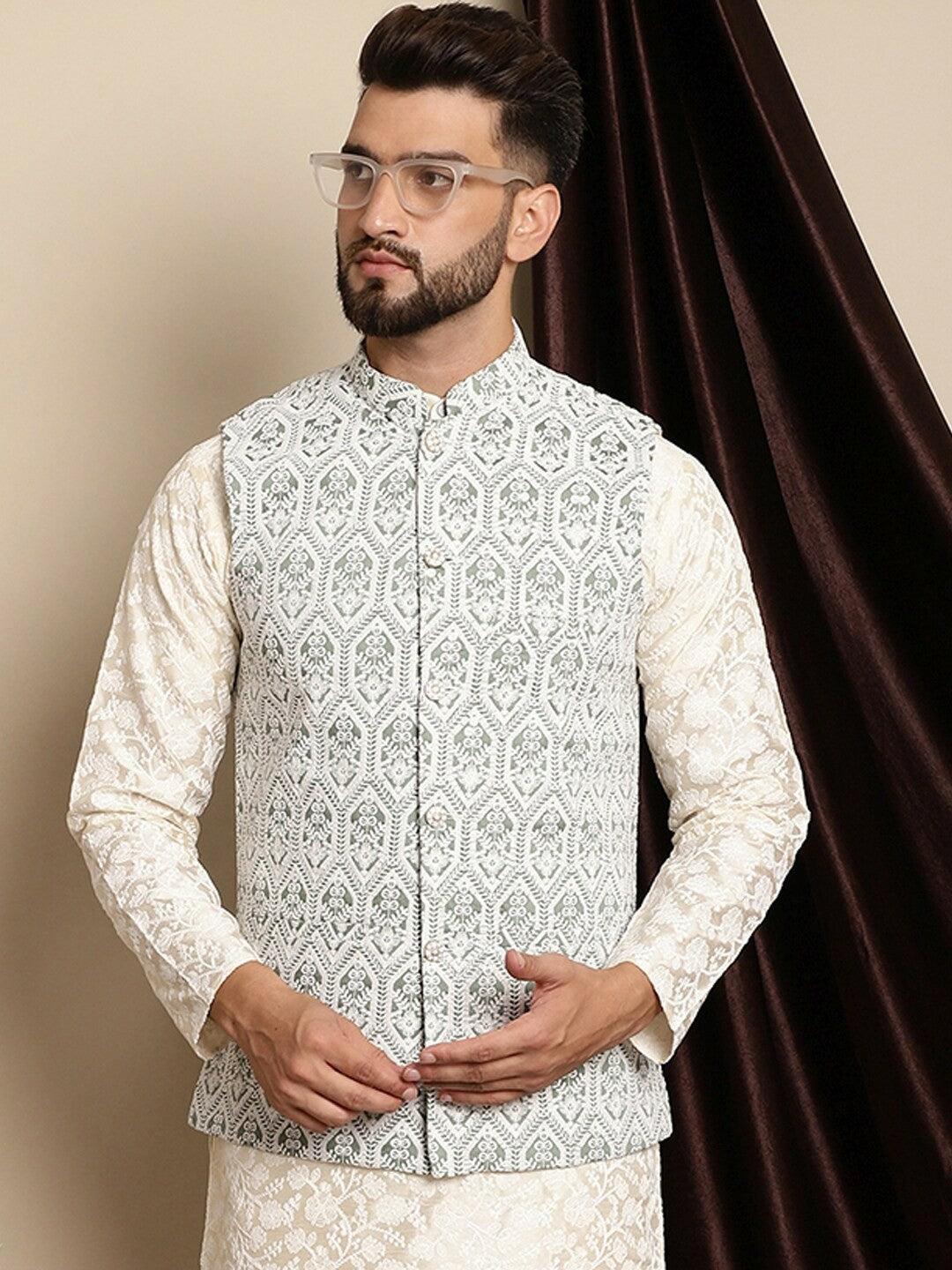 Buy Green & White Embroidered Nehru Jacket for Men – Stylish & Elegant | Indiaista