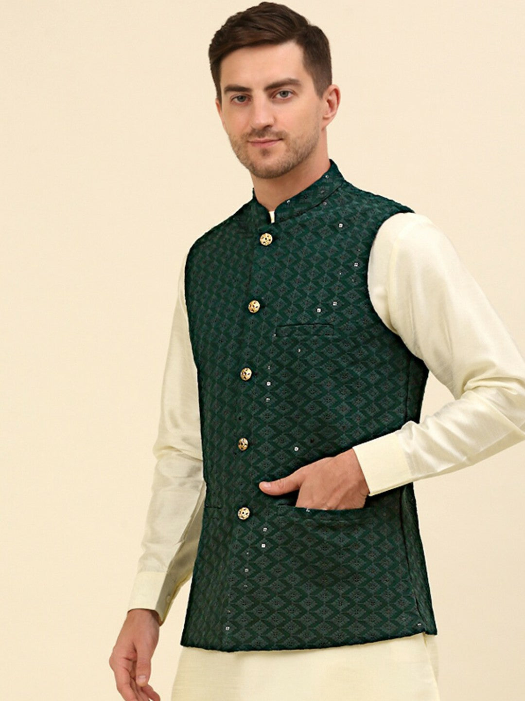 Buy Olive Green Embroidered Nehru Jacket for Men – Stylish & Elegant | Indiaista