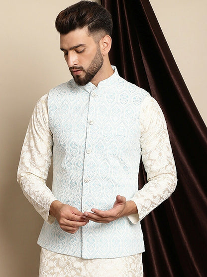 Buy Blue & White Embroidered Nehru Jacket for Men – Stylish & Elegant | Indiaista