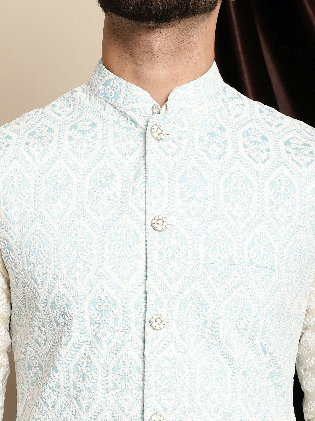 Buy Blue & White Embroidered Nehru Jacket for Men – Stylish & Elegant | Indiaista