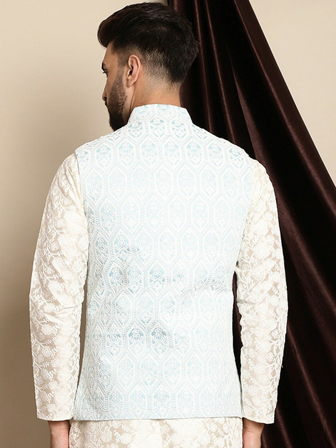 Buy Blue & White Embroidered Nehru Jacket for Men – Stylish & Elegant | Indiaista