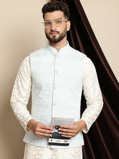 Buy Blue & White Embroidered Nehru Jacket for Men – Stylish & Elegant | Indiaista