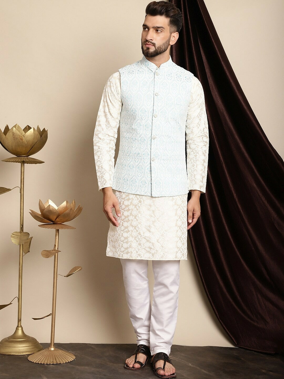 Buy Blue & White Embroidered Nehru Jacket for Men – Stylish & Elegant | Indiaista