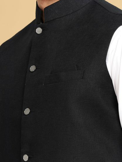 Buy Black Solid Cotton Linen Nehru Jacket for Men – Stylish & Elegant | Indiaista