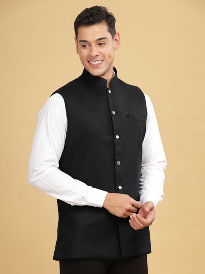 Buy Black Solid Cotton Linen Nehru Jacket for Men – Stylish & Elegant | Indiaista