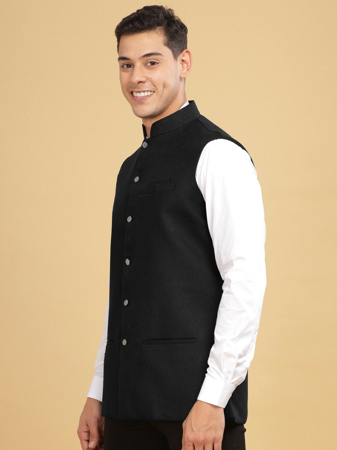 Buy Black Solid Cotton Linen Nehru Jacket for Men – Stylish & Elegant | Indiaista