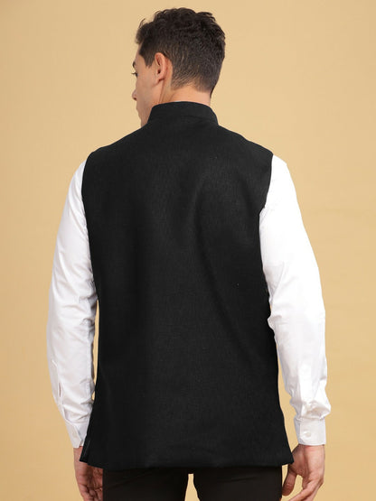 Buy Black Solid Cotton Linen Nehru Jacket for Men – Stylish & Elegant | Indiaista