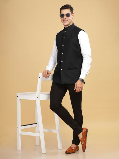 Buy Black Solid Cotton Linen Nehru Jacket for Men – Stylish & Elegant | Indiaista