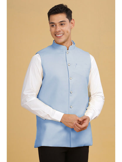 Buy Blue Solid Woven Cotton Nehru Jacket for Men – Stylish & Comfortable | Indiaista