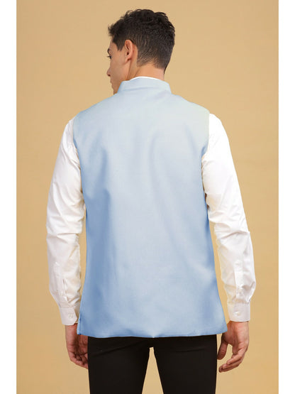 Buy Blue Solid Woven Cotton Nehru Jacket for Men – Stylish & Comfortable | Indiaista