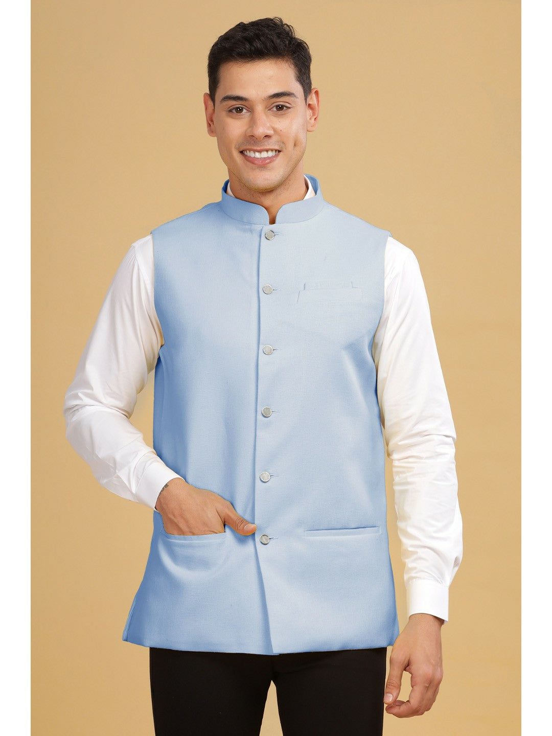 Buy Blue Solid Woven Cotton Nehru Jacket for Men – Stylish & Comfortable | Indiaista