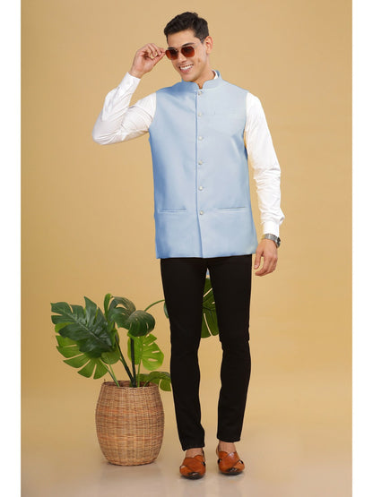 Buy Blue Solid Woven Cotton Nehru Jacket for Men – Stylish & Comfortable | Indiaista