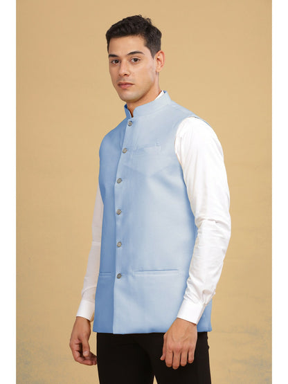 Buy Blue Solid Woven Cotton Nehru Jacket for Men – Stylish & Comfortable | Indiaista