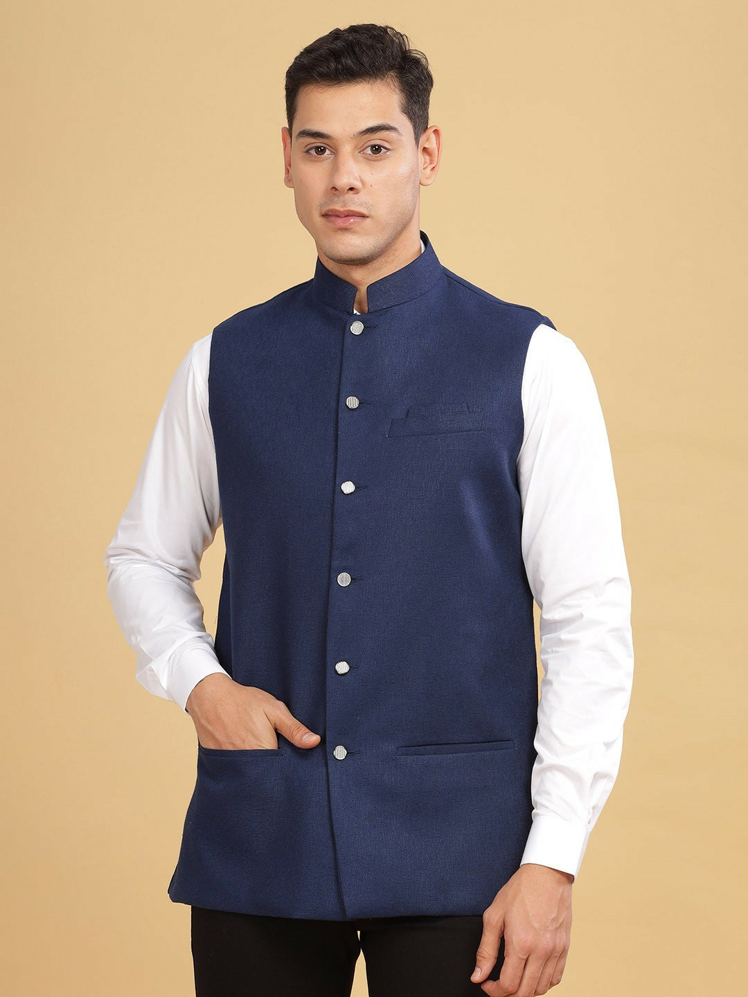 Buy Navy Blue Self-Design Solid Woven Nehru Jacket for Men – Stylish & Elegant | Indiaista