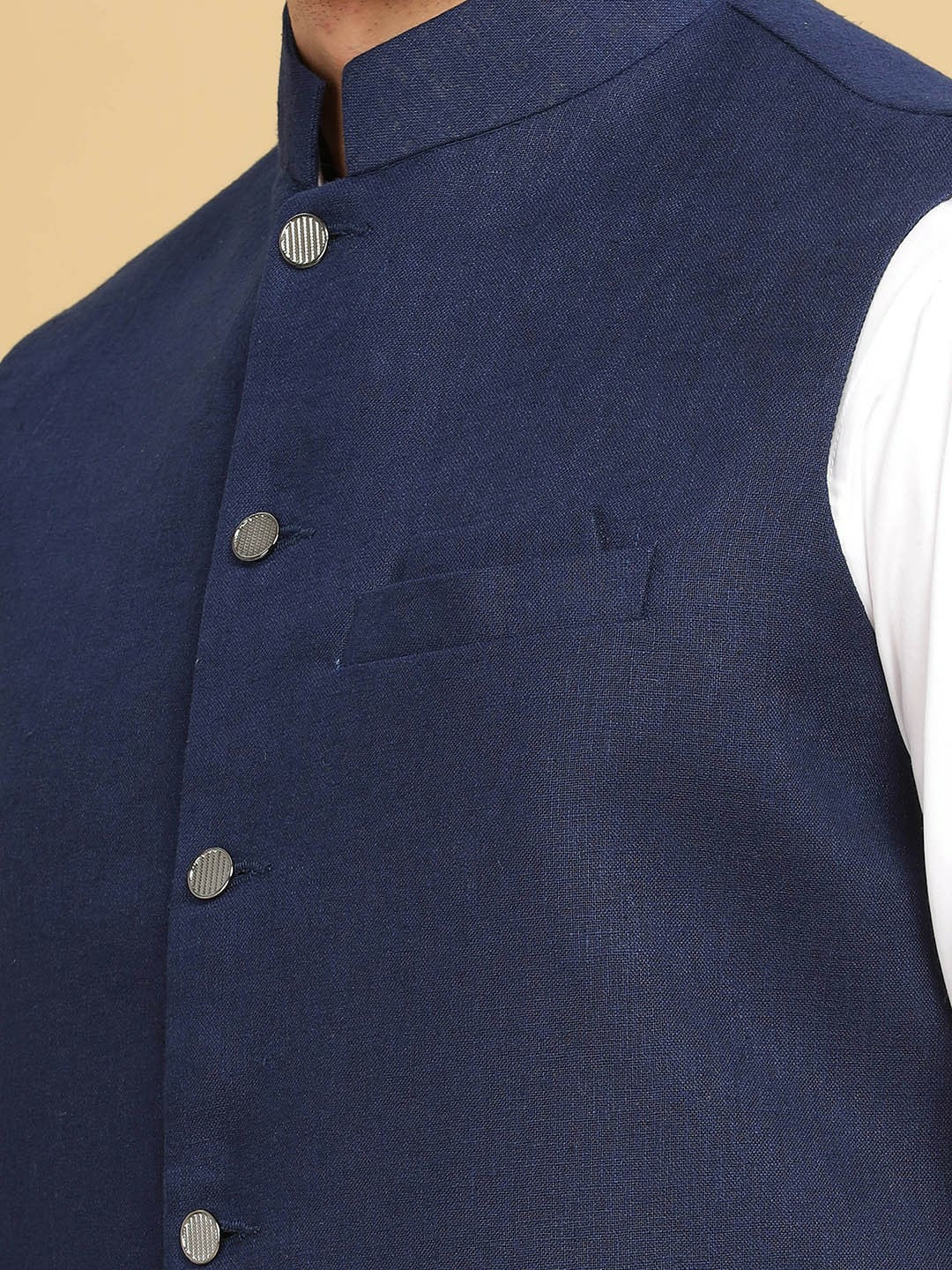 Buy Navy Blue Self-Design Solid Woven Nehru Jacket for Men – Stylish & Elegant | Indiaista