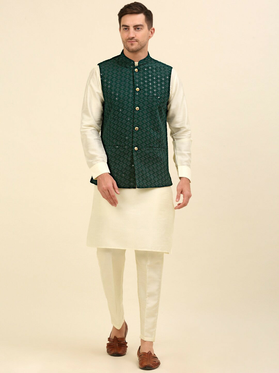 Buy Olive Green Embroidered Nehru Jacket for Men – Stylish & Elegant | Indiaista