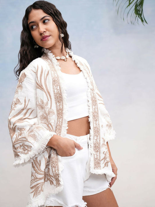 Buy Women Open Front Embroidered Kimono Jacket – Off White | Indiaista