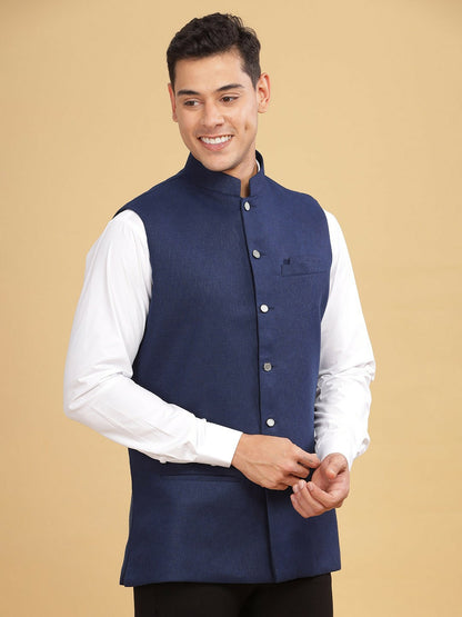 Buy Navy Blue Self-Design Solid Woven Nehru Jacket for Men – Stylish & Elegant | Indiaista