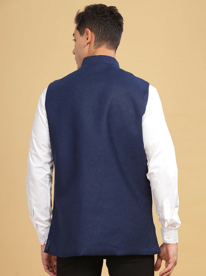 Buy Navy Blue Self-Design Solid Woven Nehru Jacket for Men – Stylish & Elegant | Indiaista