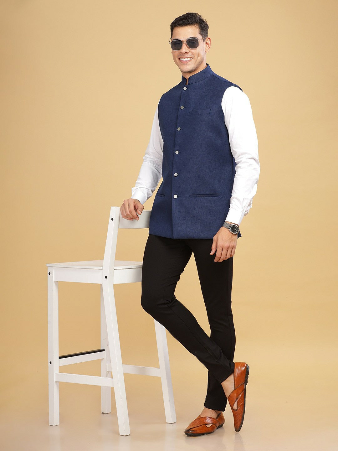 Buy Navy Blue Self-Design Solid Woven Nehru Jacket for Men – Stylish & Elegant | Indiaista