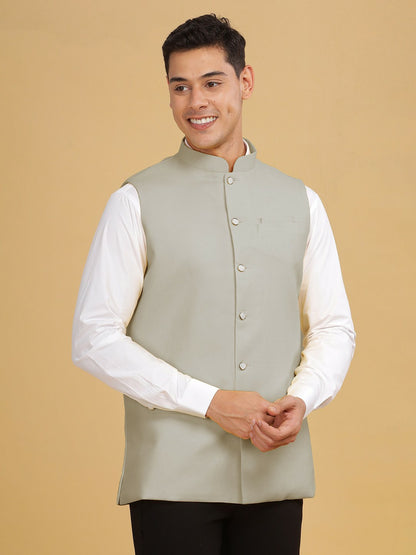 Buy Grey Woven Nehru Jacket for Men – Stylish Sleeveless Jacket with Mandarin Collar | Indiaista