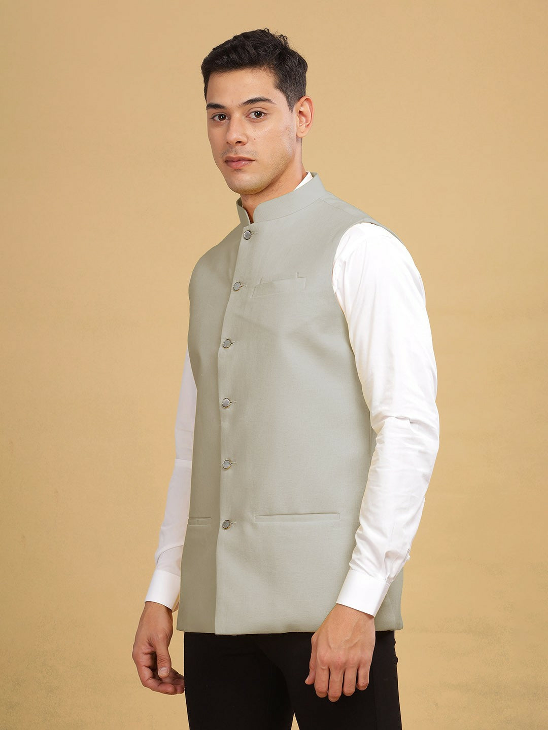 Buy Grey Woven Nehru Jacket for Men – Stylish Sleeveless Jacket with Mandarin Collar | Indiaista