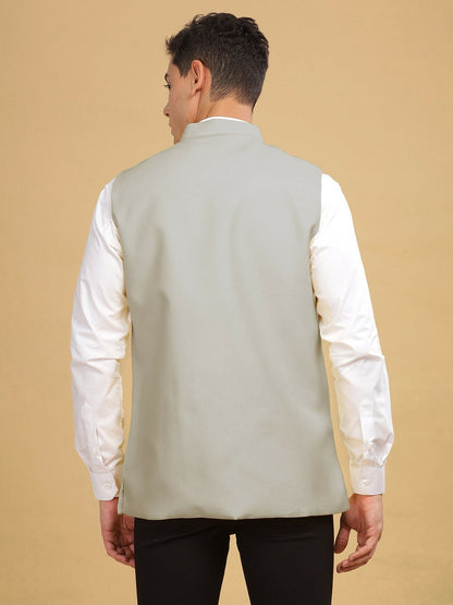 Buy Grey Woven Nehru Jacket for Men – Stylish Sleeveless Jacket with Mandarin Collar | Indiaista