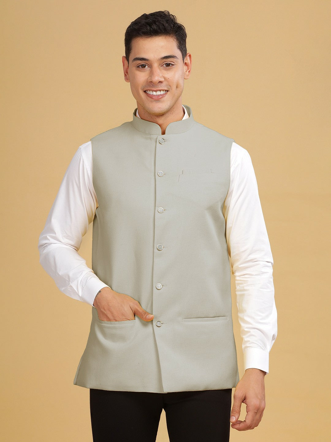 Buy Grey Woven Nehru Jacket for Men – Stylish Sleeveless Jacket with Mandarin Collar | Indiaista