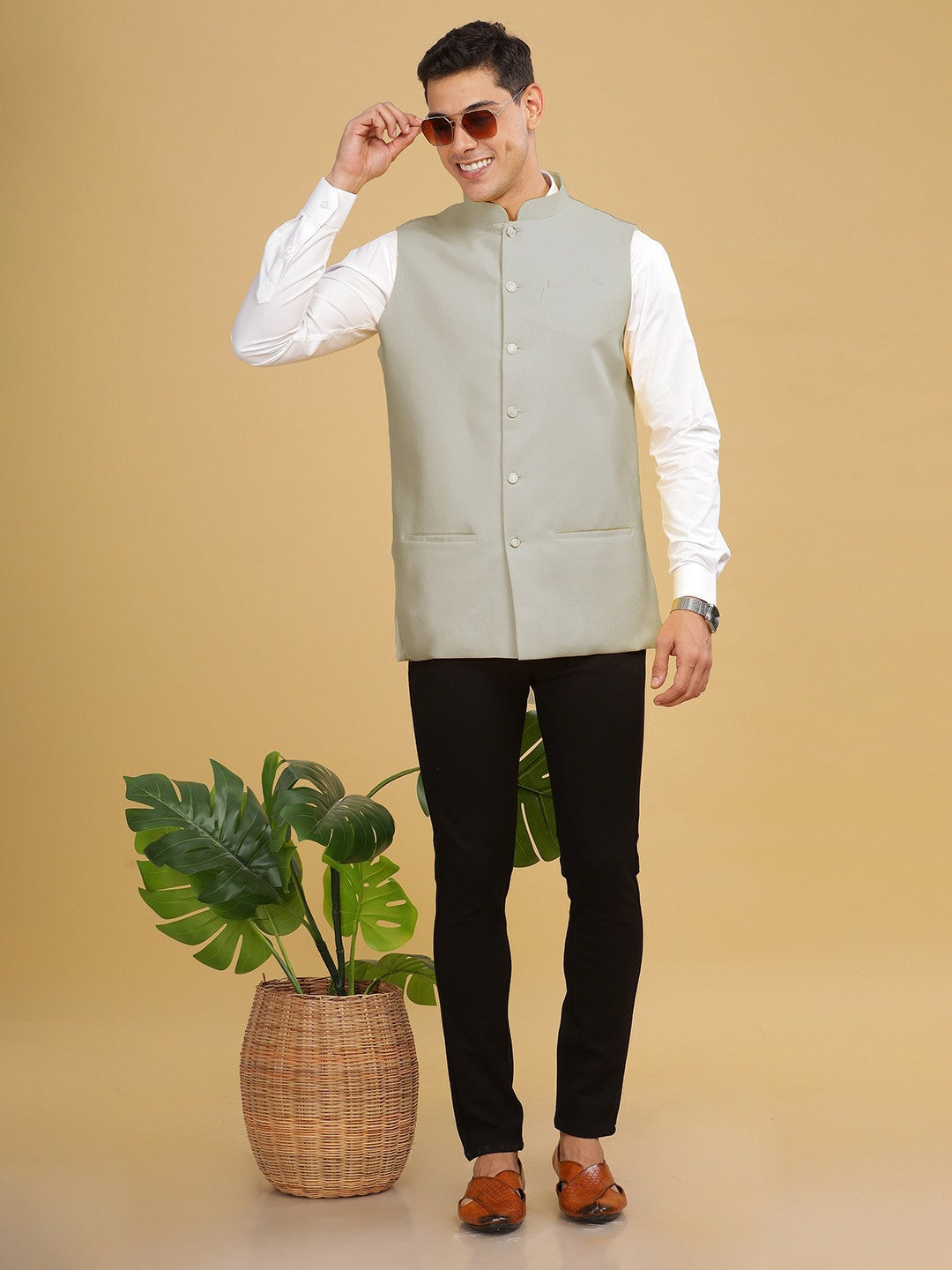 Buy Grey Woven Nehru Jacket for Men – Stylish Sleeveless Jacket with Mandarin Collar | Indiaista