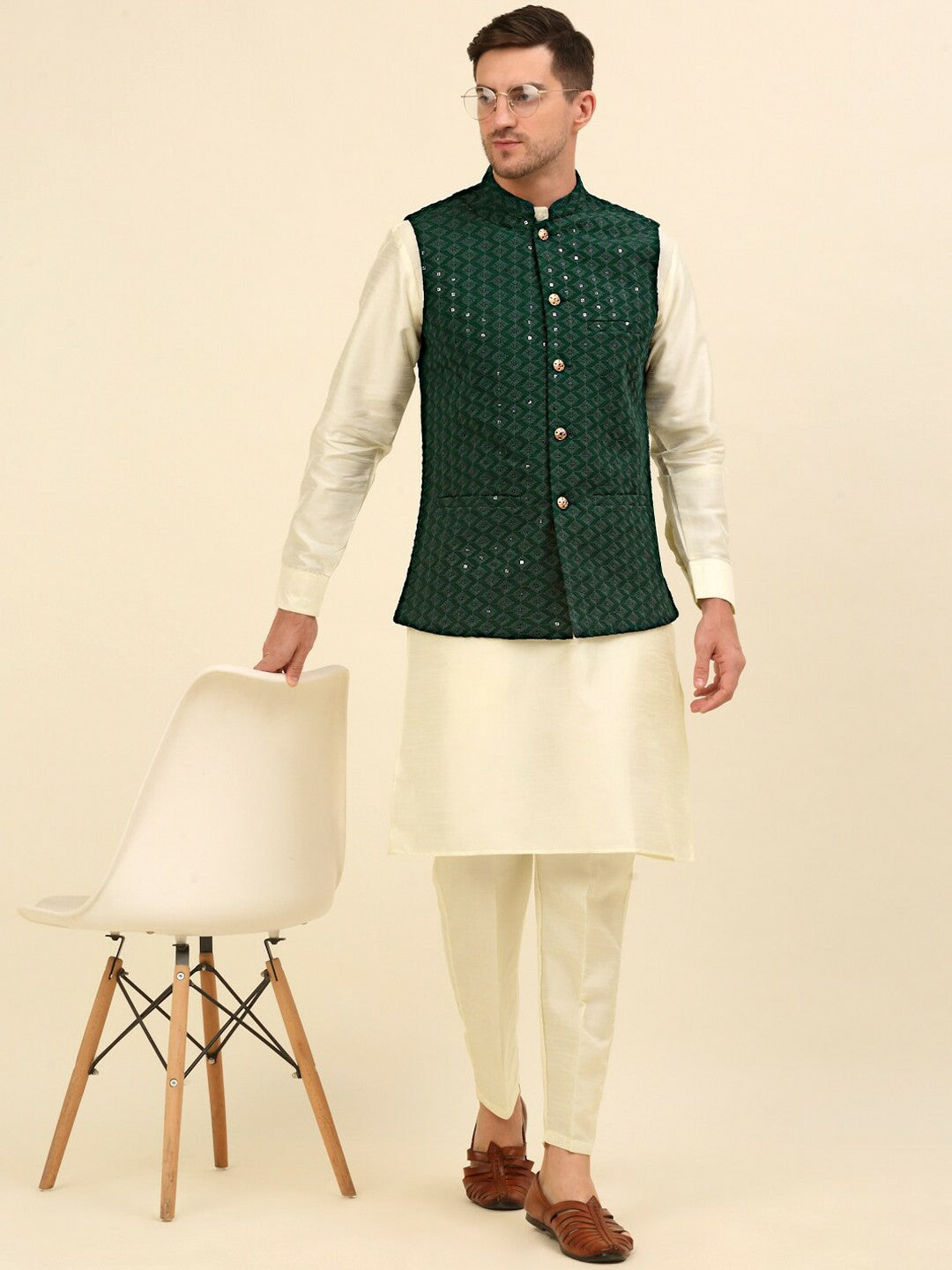 Buy Olive Green Embroidered Nehru Jacket for Men – Stylish & Elegant | Indiaista