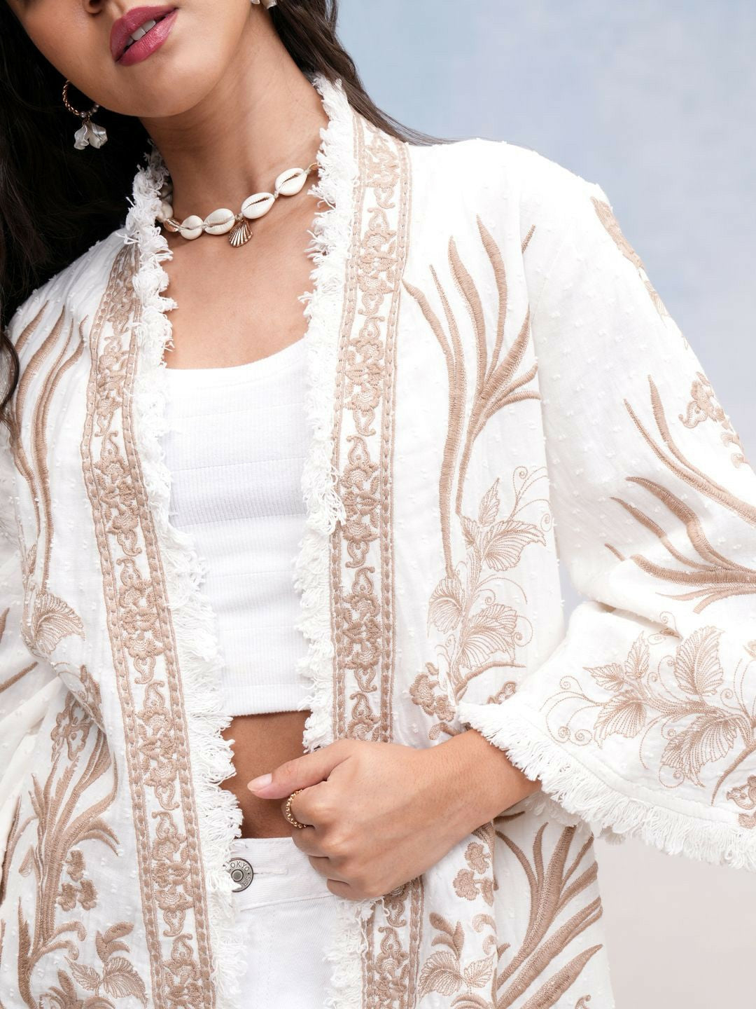 Buy Women Open Front Embroidered Kimono Jacket – Off White | Indiaista