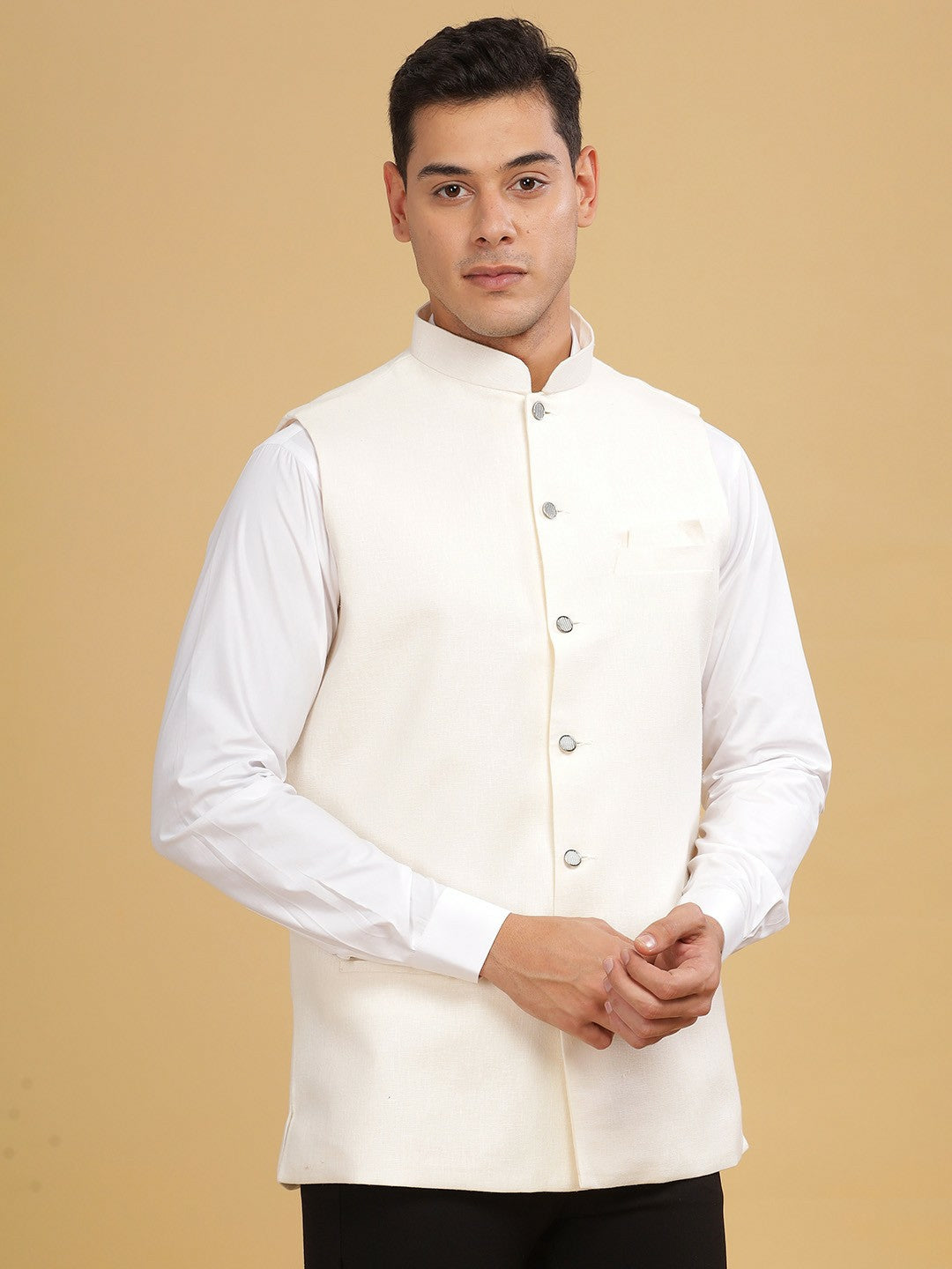 Men's White Solid Woven Nehru Jacket with Mandarin Collar & Sleeveless Design | Stylish & Elegant