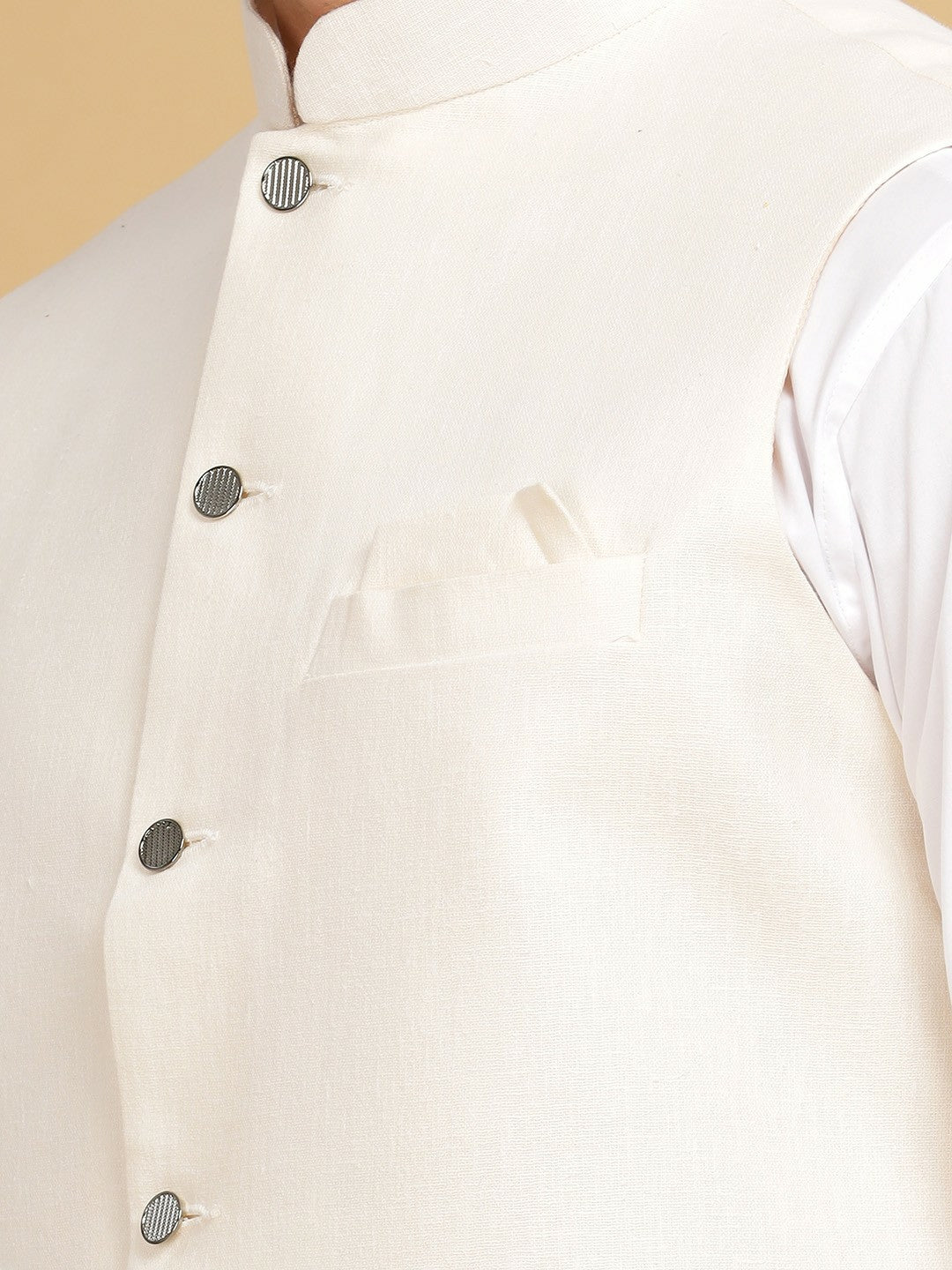 Men's White Solid Woven Nehru Jacket with Mandarin Collar & Sleeveless Design | Stylish & Elegant