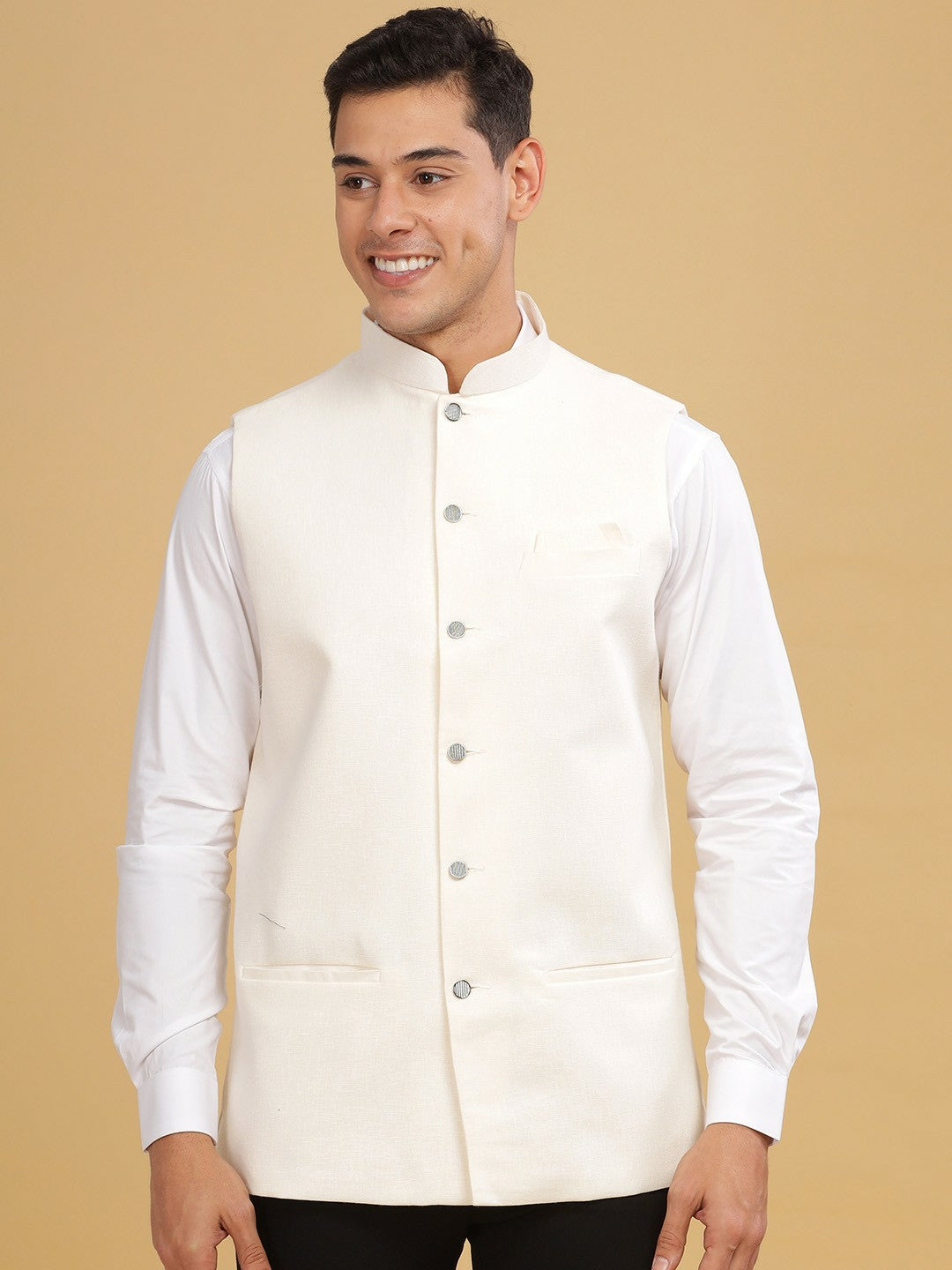 Men's White Solid Woven Nehru Jacket with Mandarin Collar & Sleeveless Design | Stylish & Elegant