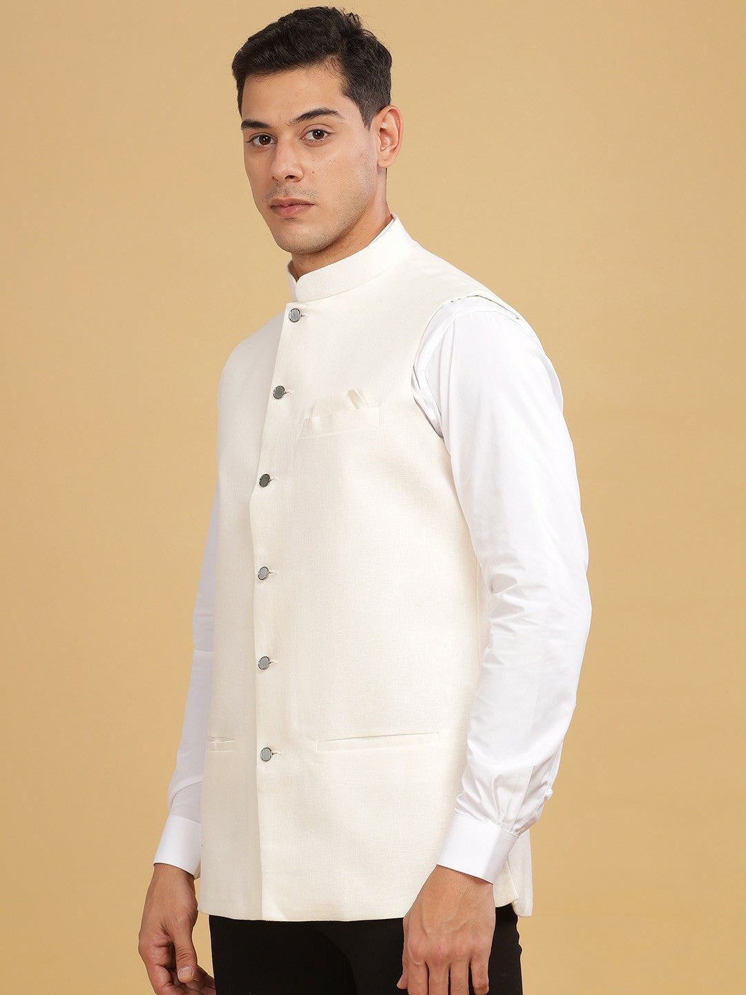 Men's White Solid Woven Nehru Jacket with Mandarin Collar & Sleeveless Design | Stylish & Elegant