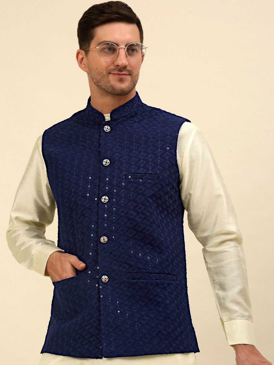 Buy Navy Blue Embroidered Nehru Jacket for Men – Regular Fit, Stylish & Elegant | Indiaista